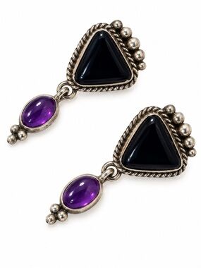 Sterling Silver Black & Purple Stone Dangle Earrings 7g